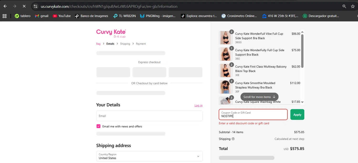 Curvy Kate coupon code screenshot showing code NOSTIPE applied at Curvy Kate checkout page. Uploaded by SimplyCodes community member jessikasanckez23 on Aug 27, 2025