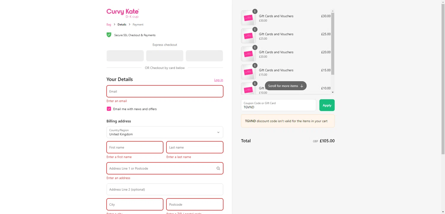 Curvy Kate coupon code screenshot showing code TGVND applied at Curvy Kate checkout page. Uploaded by SimplyCodes community member CleverHawk1744 on Aug 19, 2025