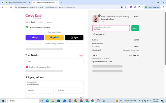Curvy Kate checkout page showing Curvy Kate coupon code box | Screenshot taken by SimplyCodes community member on Sep 4, 2025