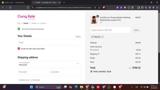 Curvy Kate checkout page showing Curvy Kate coupon code box | Screenshot taken by SimplyCodes community member on Aug 26, 2025