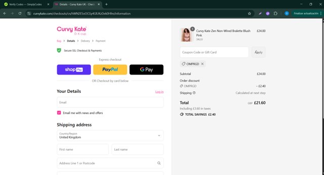 Curvy Kate checkout page showing Curvy Kate coupon code box | Screenshot taken by SimplyCodes community member on Aug 26, 2025