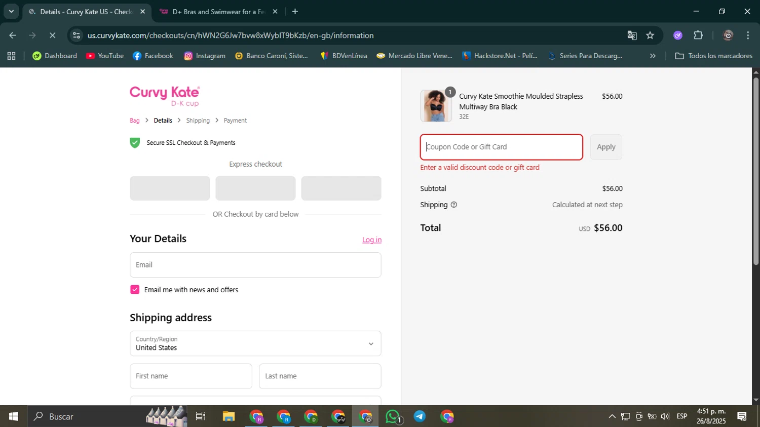 Curvy Kate coupon code screenshot showing code 5A4B09F4DFBB applied at Curvy Kate checkout page. Uploaded by SimplyCodes community member Mroctober06 on Aug 26, 2025