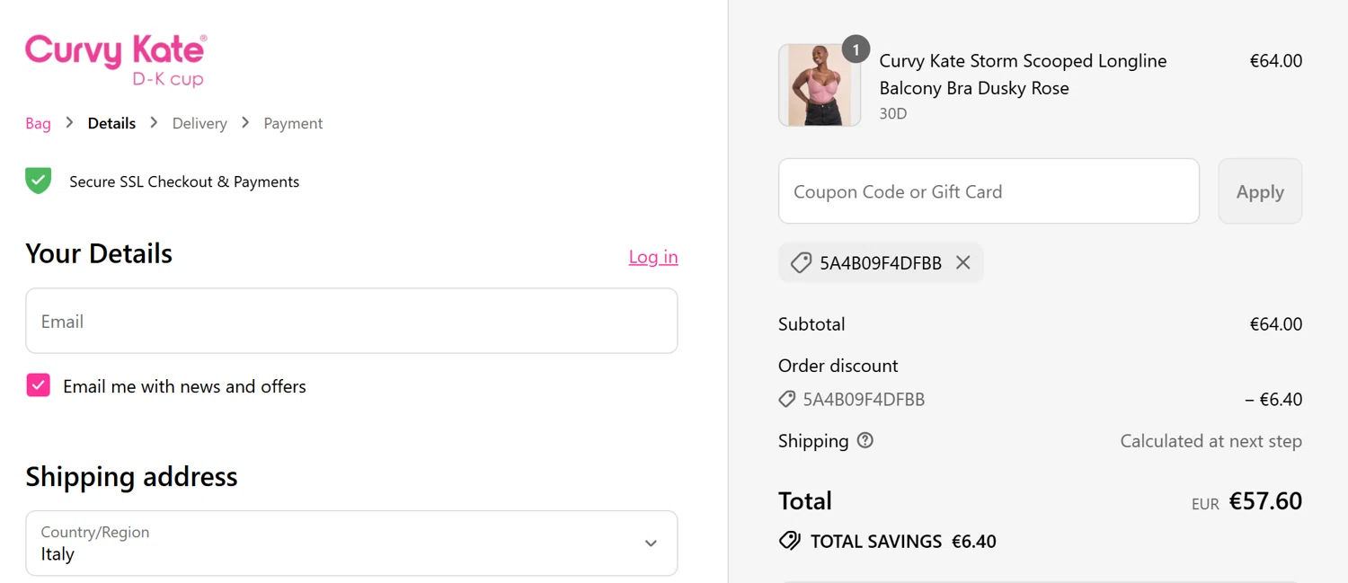Curvy Kate coupon code screenshot showing code 5A4B09F4DFBB applied at Curvy Kate checkout page. Uploaded by SimplyCodes community member itspatinhas on Aug 26, 2025
