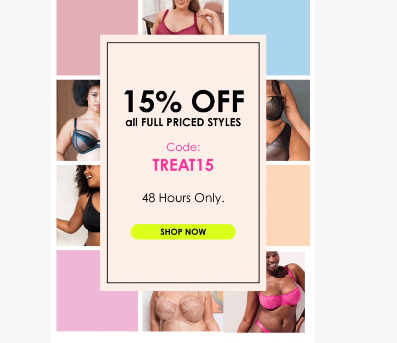 Curvy Kate coupon code screenshot showing code treat15 applied at Curvy Kate checkout page. Uploaded by SimplyCodes community member juanjose on Aug 28, 2025