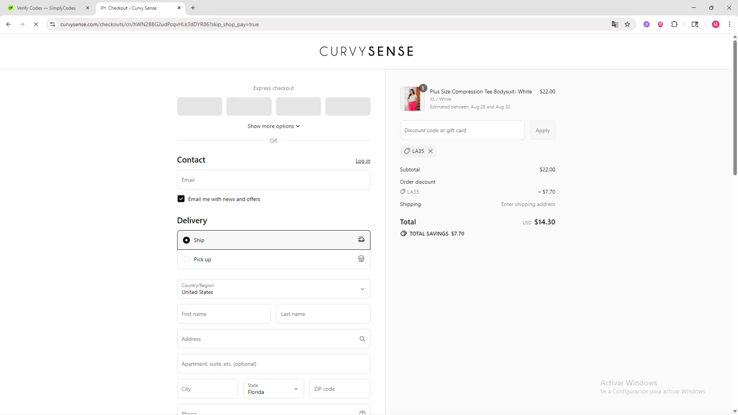 Curvy Sense coupon code screenshot showing code LA35 applied at Curvy Sense checkout page. Uploaded by SimplyCodes community member CBR600 on Aug 24, 2025