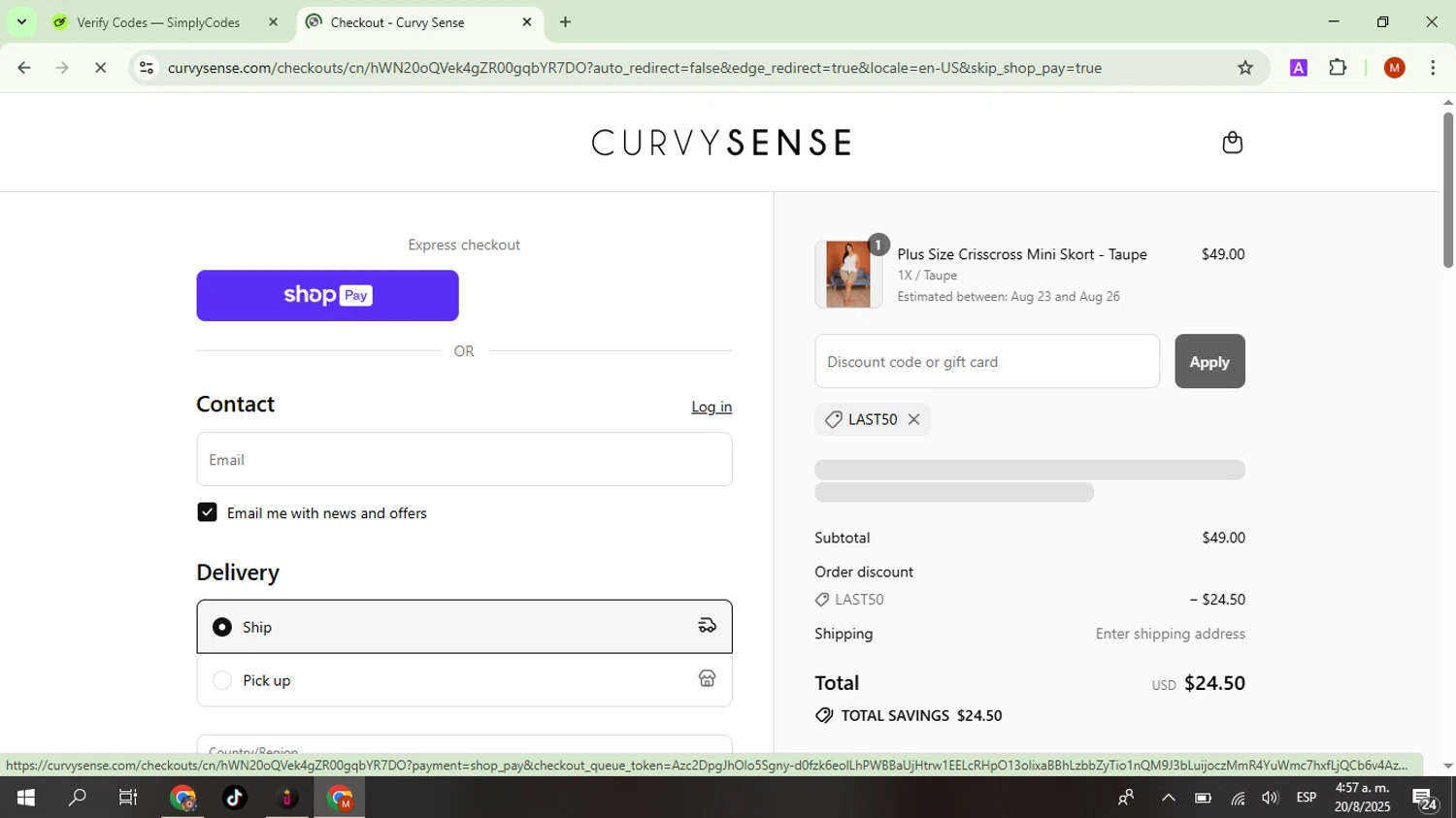 Curvy Sense coupon code screenshot showing code last50 applied at Curvy Sense checkout page. Uploaded by SimplyCodes community member NobleSentinel6058 on Aug 20, 2025