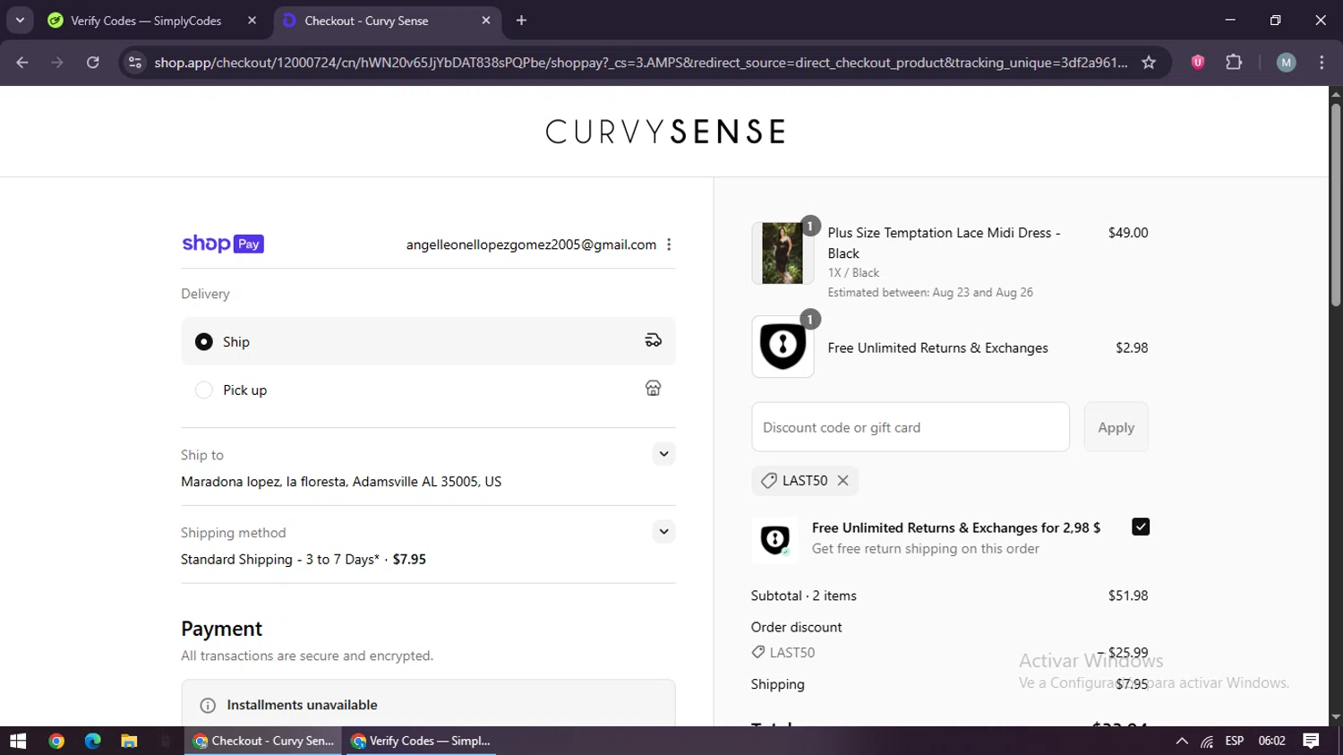 Curvy Sense coupon code screenshot showing code last50 applied at Curvy Sense checkout page. Uploaded by SimplyCodes community member maraxo on Aug 20, 2025
