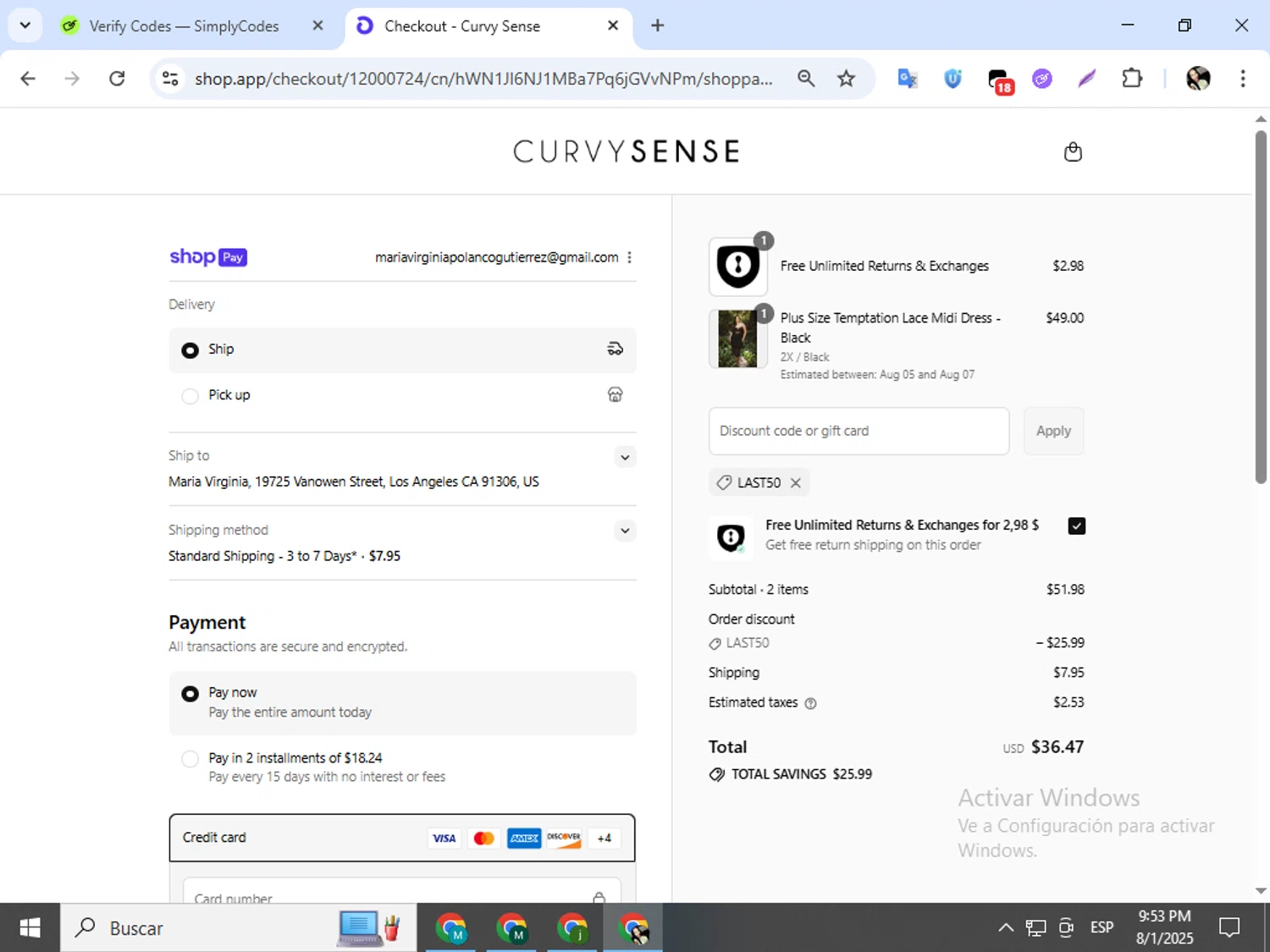 Curvy Sense coupon code screenshot showing code last50 applied at Curvy Sense checkout page. Uploaded by SimplyCodes community member mariapolancog on Aug 2, 2025