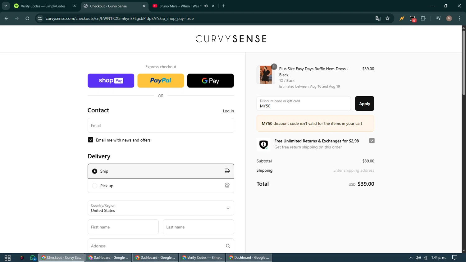 Curvy Sense coupon code screenshot showing code MY50 applied at Curvy Sense checkout page. Uploaded by SimplyCodes community member DiscountTitan4635 on Aug 13, 2025