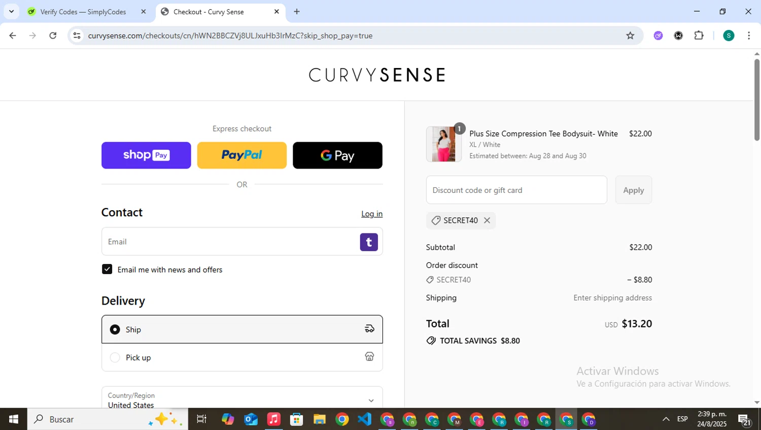 Curvy Sense coupon code screenshot showing code secret40 applied at Curvy Sense checkout page. Uploaded by SimplyCodes community member VictoriousPilot5281 on Aug 24, 2025