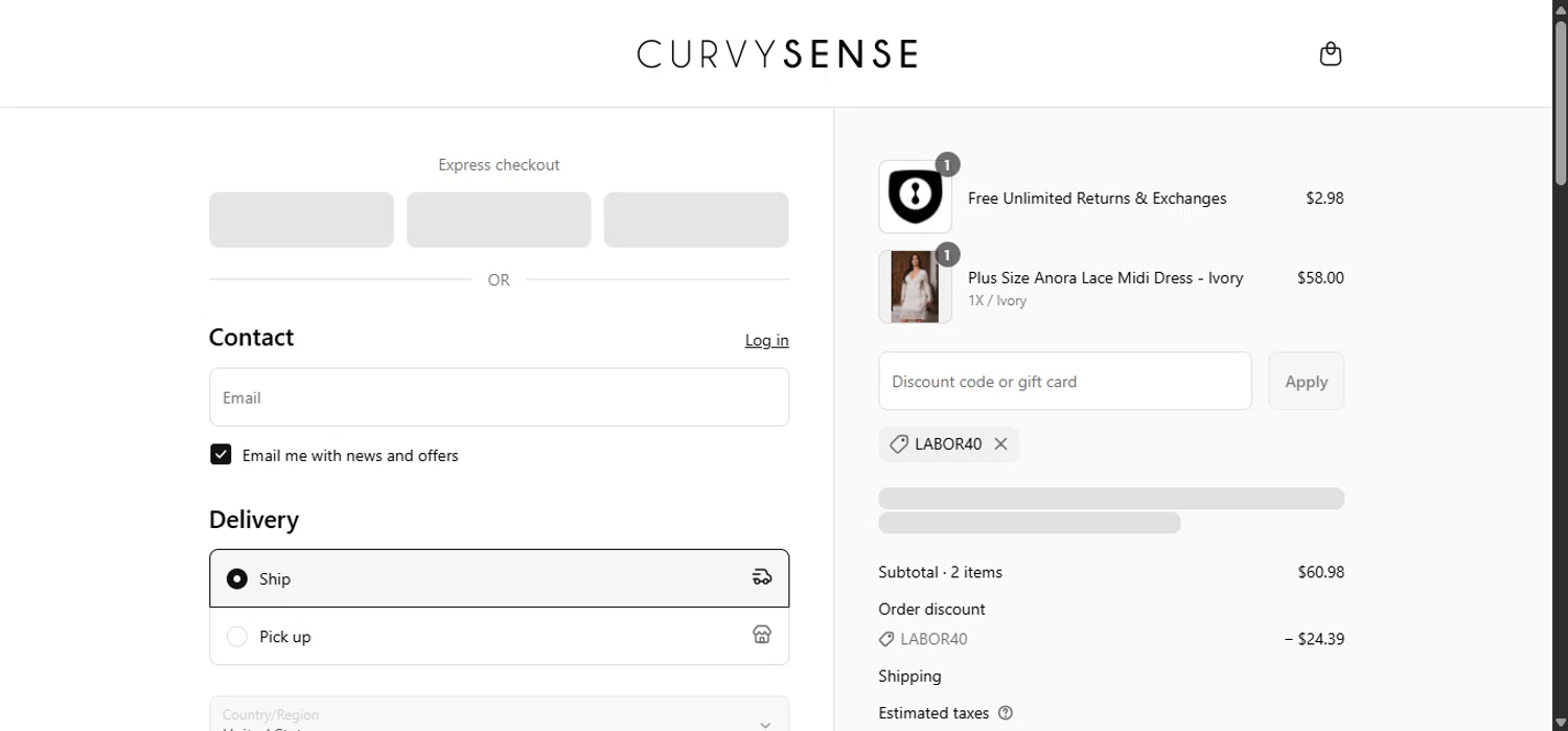 Curvy Sense coupon code screenshot showing code LABOR40 applied at Curvy Sense checkout page. Uploaded by SimplyCodes community member anosesmith on Aug 26, 2025