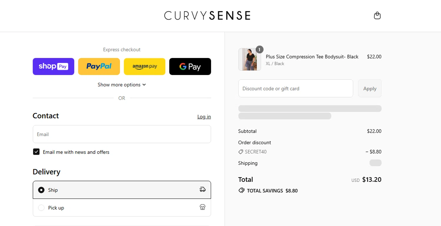 Curvy Sense coupon code screenshot showing code secret40 applied at Curvy Sense checkout page. Uploaded by SimplyCodes community member shark12 on Aug 23, 2025