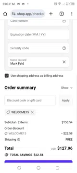 WELCOME15 coupon verification screenshot