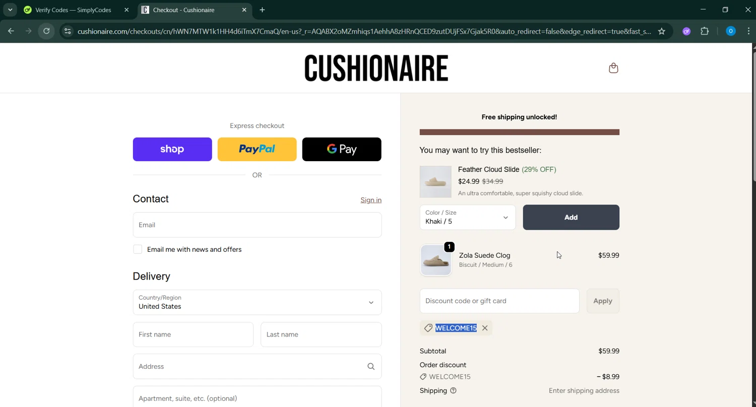 Cushionaire promo code screenshot showing code WELCOME15 applied at Cushionaire checkout page. Uploaded by SimplyCodes community member GoldChaser6627 on Jan 8, 2026