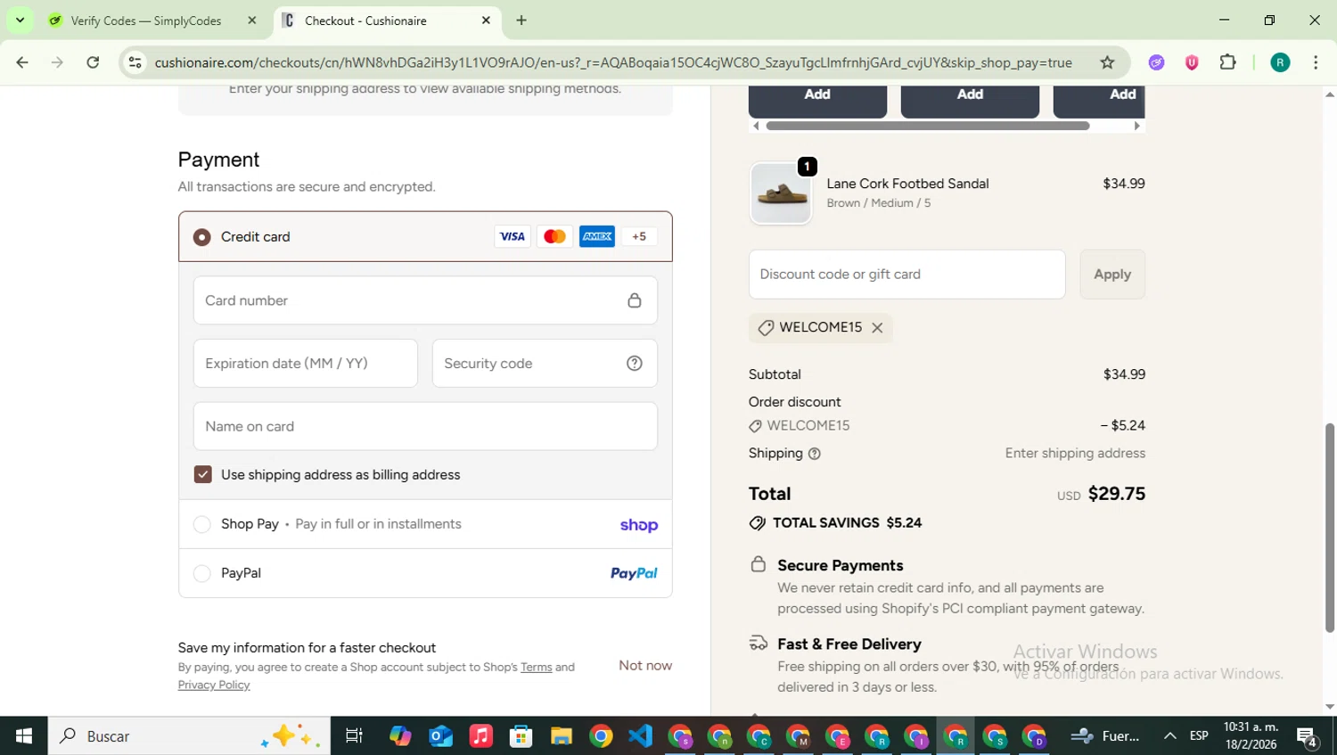 Cushionaire checkout page showing Cushionaire promo code box | Screenshot taken by SimplyCodes community member on Feb 18, 2026