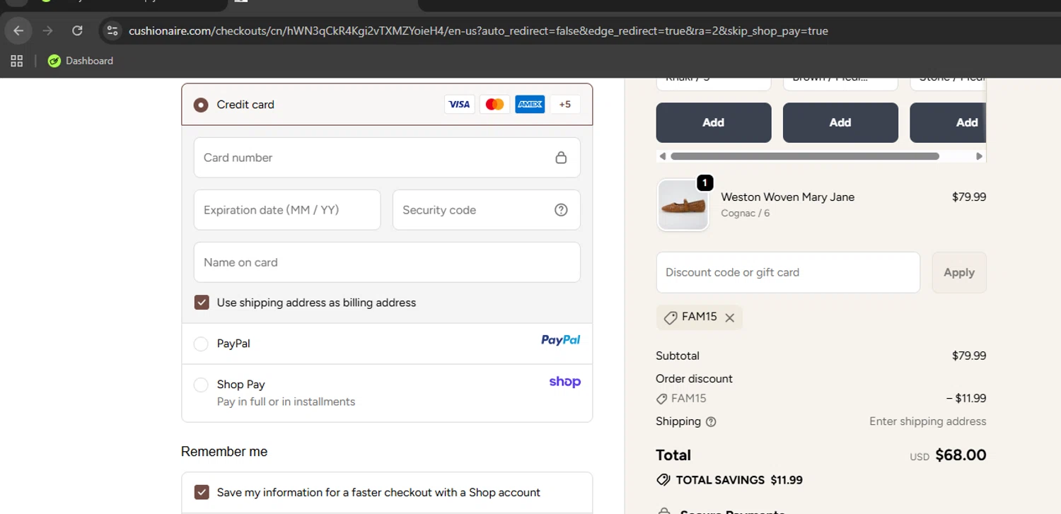 Cushionaire promo code screenshot showing code FAM15 applied at Cushionaire checkout page. Uploaded by SimplyCodes community member Kony24 on Oct 7, 2025