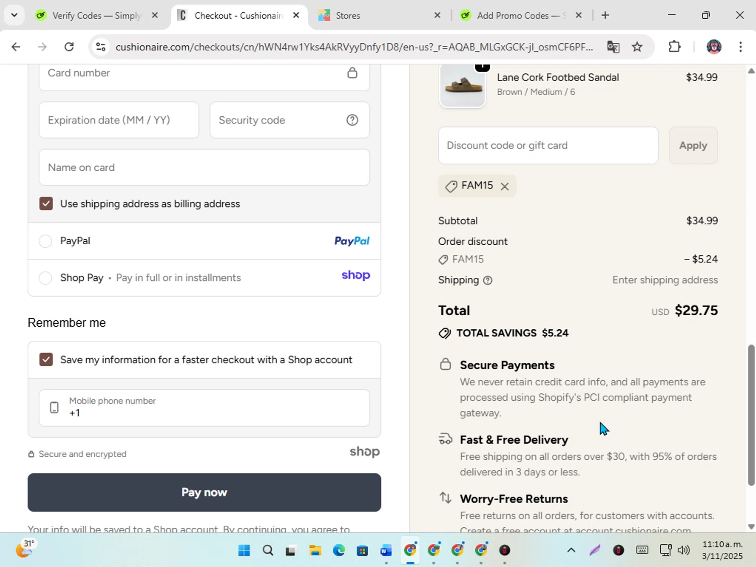 Cushionaire promo code screenshot showing code FAM15 applied at Cushionaire checkout page. Uploaded by SimplyCodes community member karoline on Nov 3, 2025