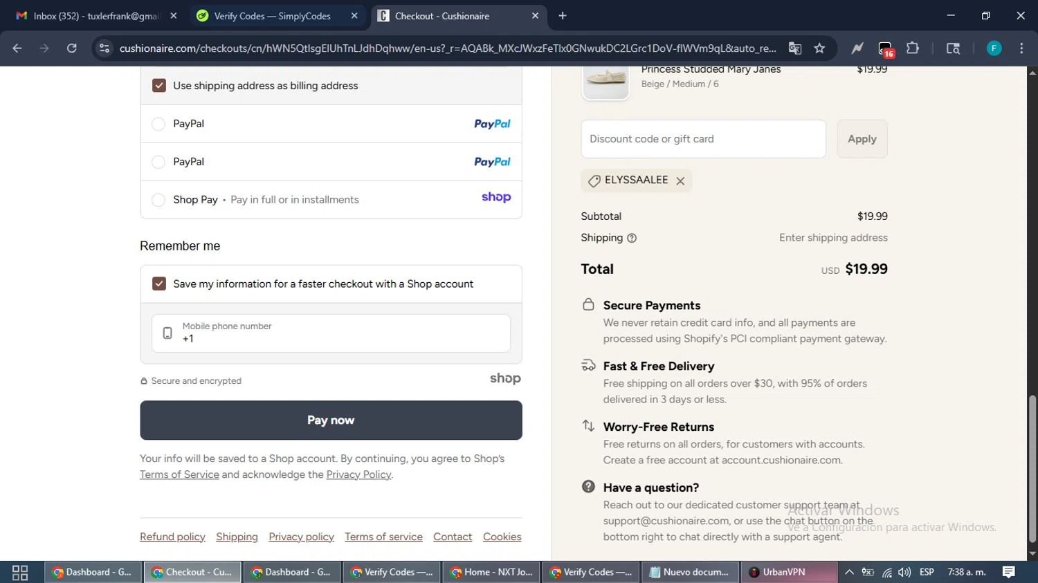 Cushionaire promo code screenshot showing code elyssaalee applied at Cushionaire checkout page. Uploaded by SimplyCodes community member ShrewdTitan3233 on Nov 18, 2025