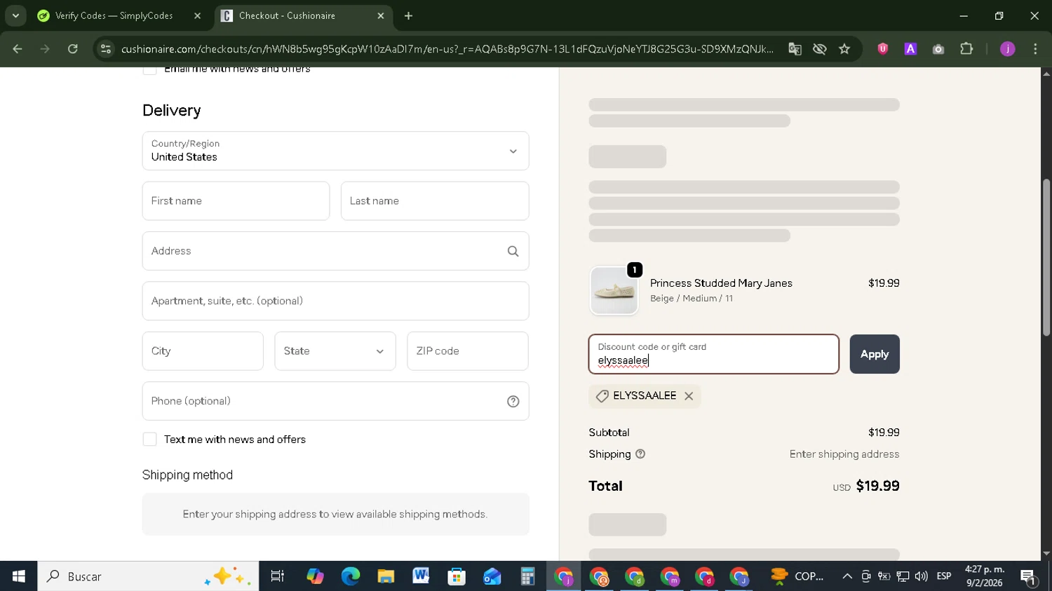 Cushionaire promo code screenshot showing code elyssaalee applied at Cushionaire checkout page. Uploaded by SimplyCodes community member Tazbravo on Feb 9, 2026