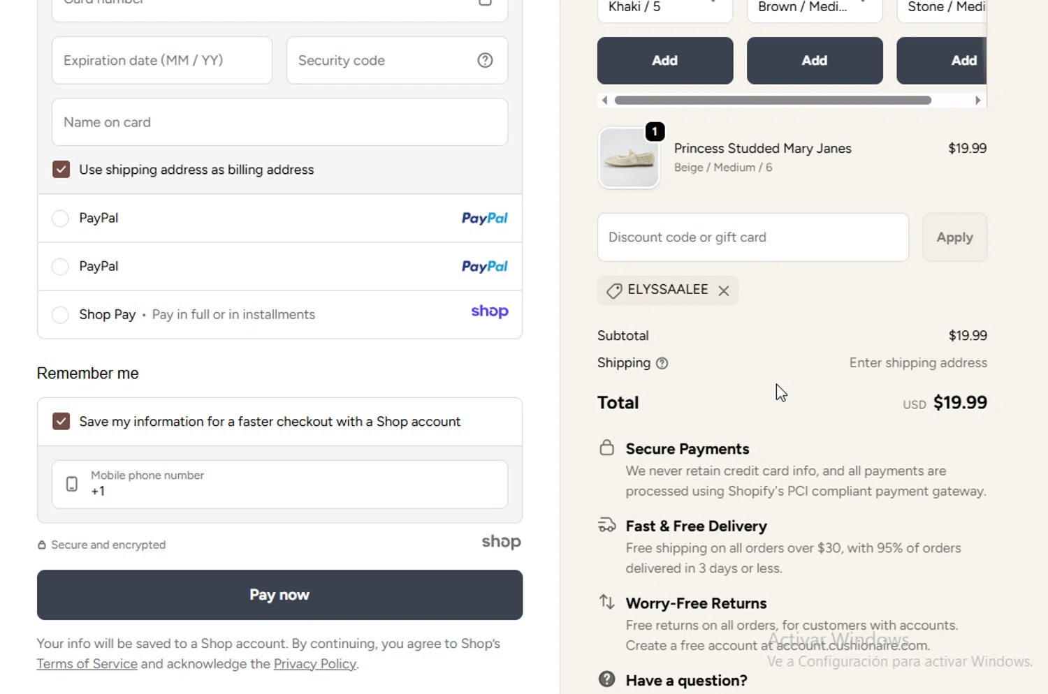 Cushionaire promo code screenshot showing code elyssaalee applied at Cushionaire checkout page. Uploaded by SimplyCodes community member WonderW on Nov 18, 2025