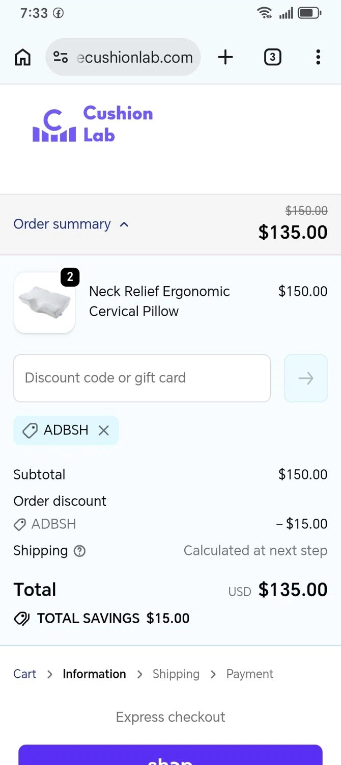 Cushion Lab promo code screenshot showing code ADBSH applied at Cushion Lab checkout page. Uploaded by SimplyCodes community member franksanchez on Jun 6, 2026