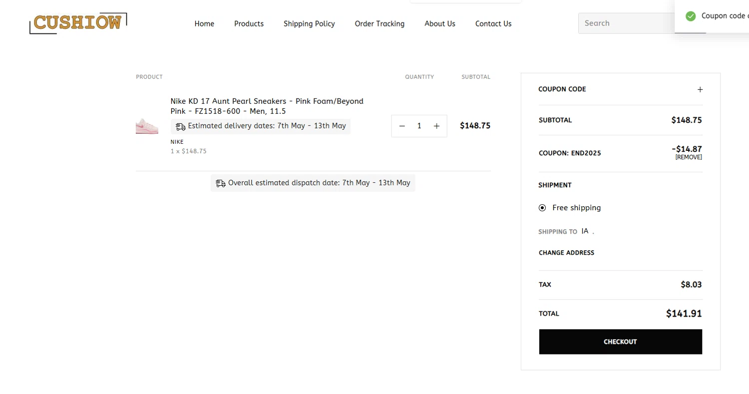 Cushiow promo code screenshot showing code END2025 applied at Cushiow checkout page. Uploaded by SimplyCodes community member Woskal on Apr 27, 2026