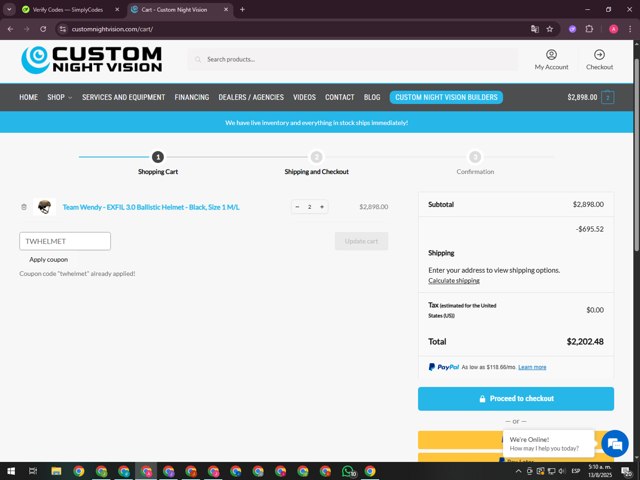Custom Night Vision checkout page showing Custom Night Vision coupon code box | Screenshot taken by SimplyCodes community member on Aug 13, 2025