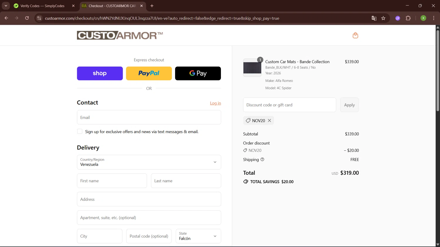 CustoArmor promo code screenshot showing code NOV20 applied at CustoArmor checkout page. Uploaded by SimplyCodes community member SaleTiger1087 on Sep 3, 2025