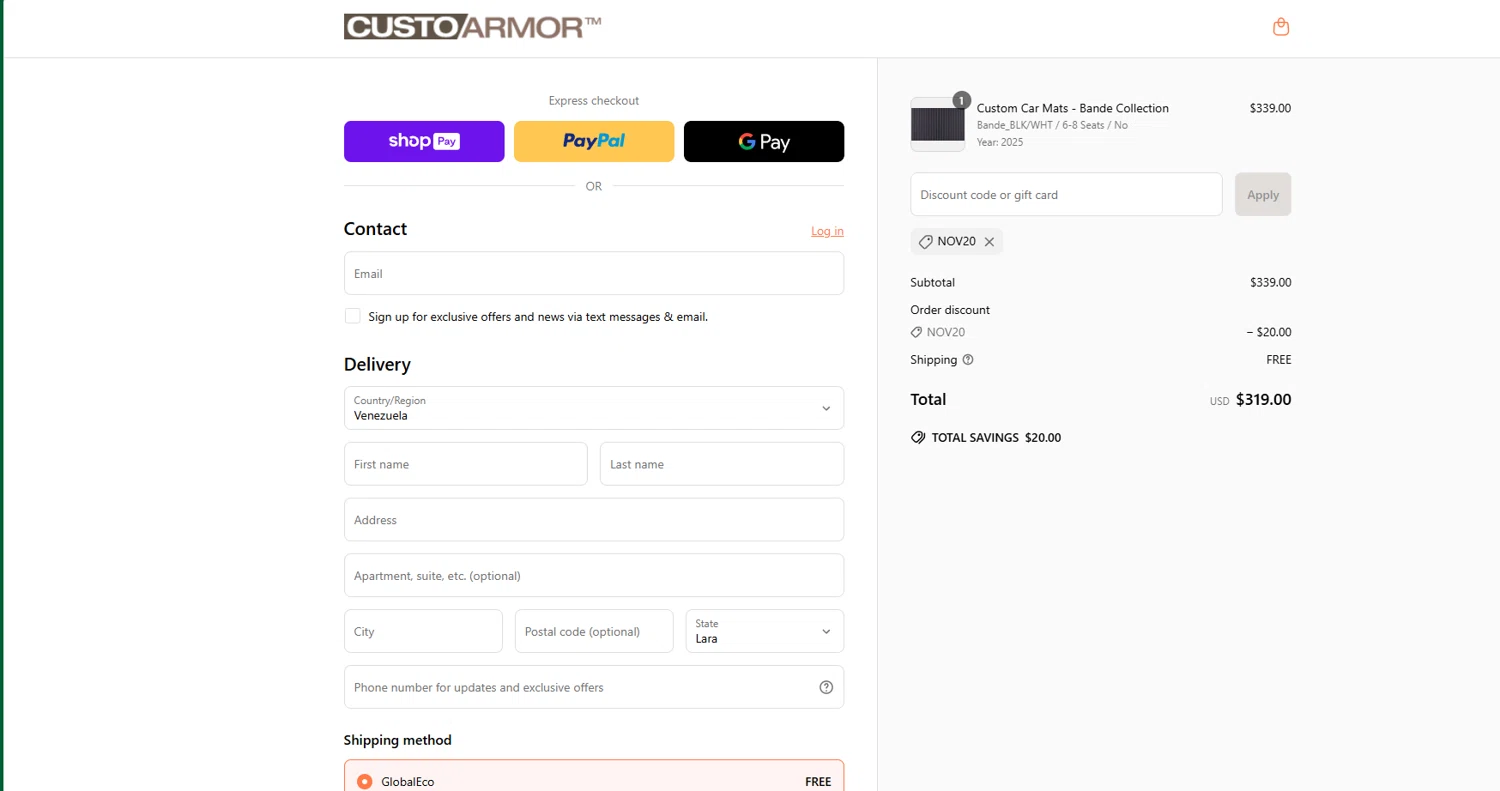 CustoArmor promo code screenshot showing code NOV20 applied at CustoArmor checkout page. Uploaded by SimplyCodes community member chepipro on Jun 21, 2025