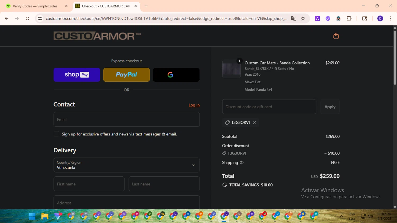 CustoArmor promo code screenshot showing code T3G3ORVI applied at CustoArmor checkout page. Uploaded by SimplyCodes community member PromoLion4240 on Aug 4, 2025