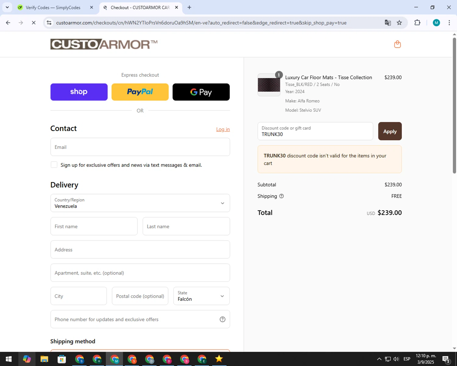 CustoArmor promo code screenshot showing code TRUNK30 applied at CustoArmor checkout page. Uploaded by SimplyCodes community member 000005 on Sep 3, 2025