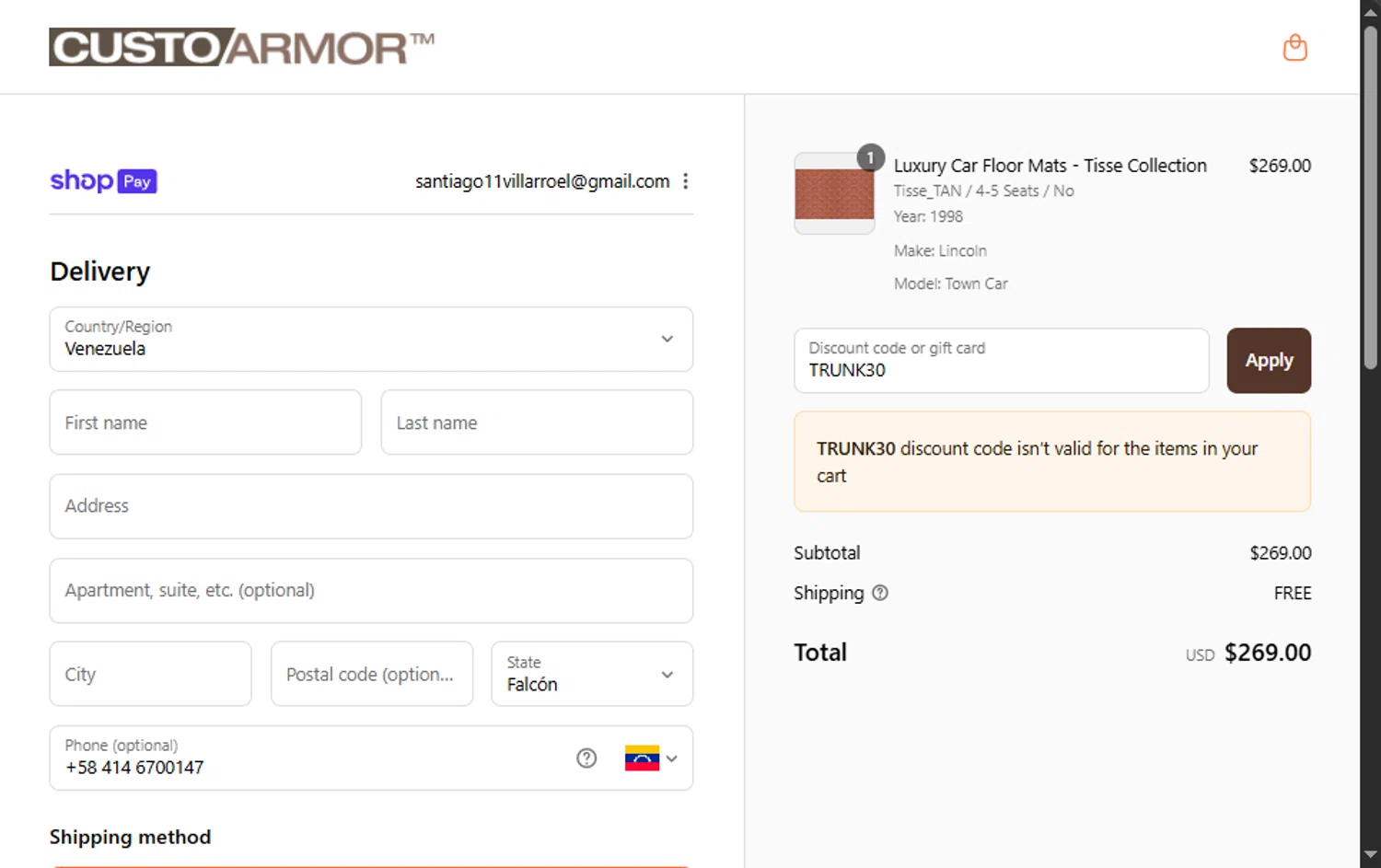 CustoArmor promo code screenshot showing code TRUNK30 applied at CustoArmor checkout page. Uploaded by SimplyCodes community member Santi_ago on Aug 22, 2025