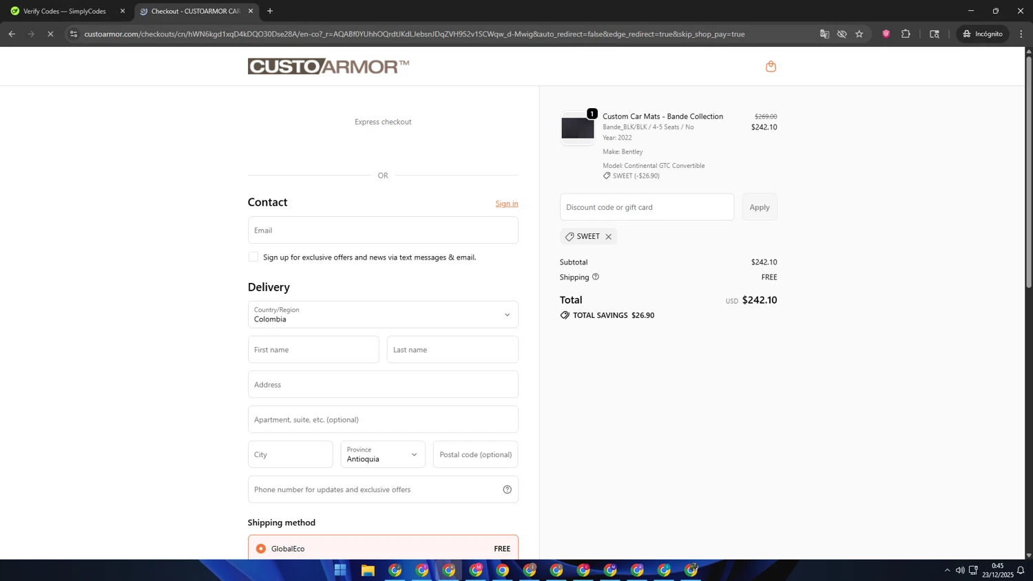 CustoArmor promo code screenshot showing code SWEET applied at CustoArmor checkout page. Uploaded by SimplyCodes community member SwiftSage2309 on Dec 23, 2025