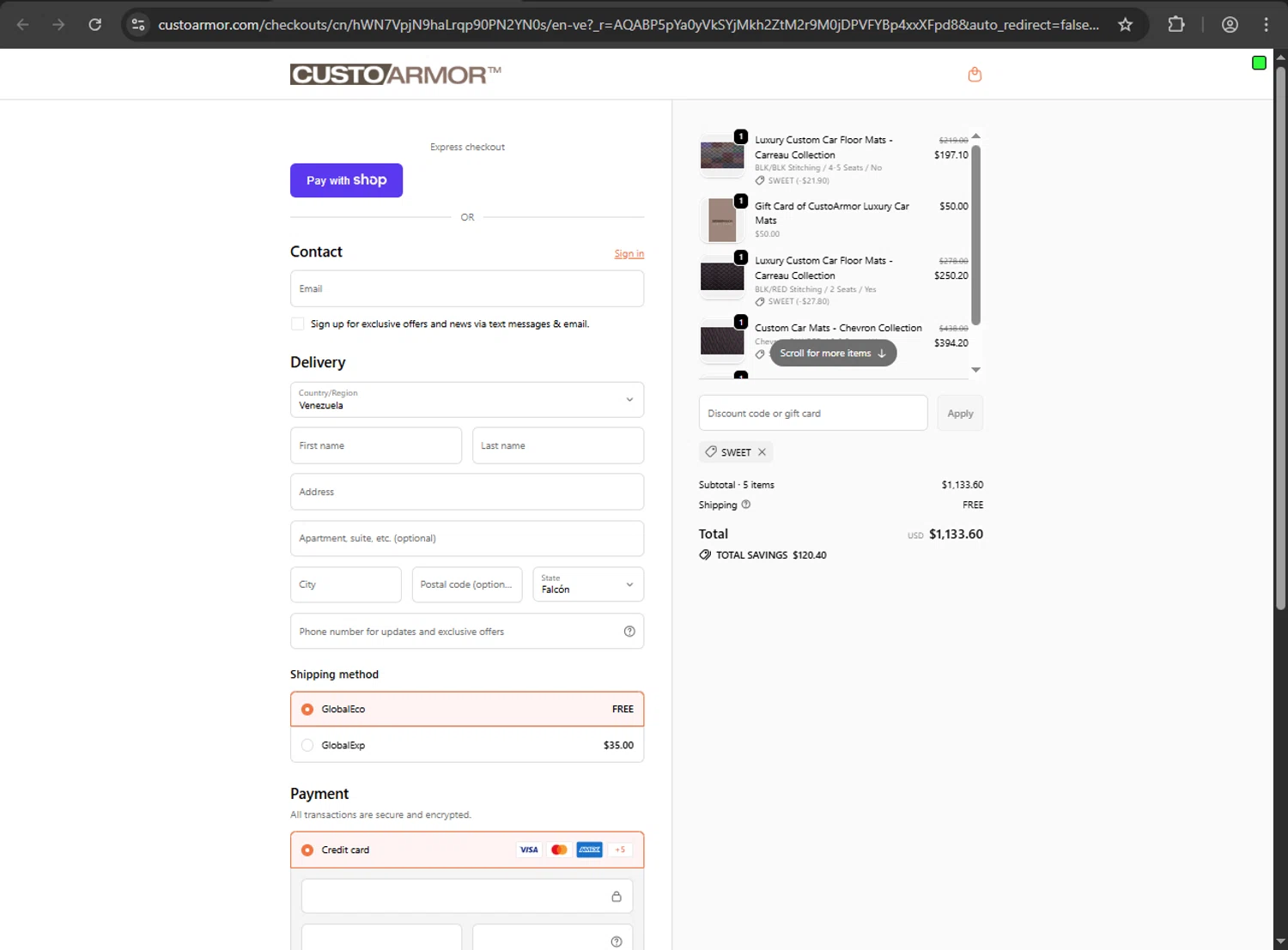 CustoArmor promo code screenshot showing code SWEET applied at CustoArmor checkout page. Uploaded by SimplyCodes community member megagei on Jan 12, 2026