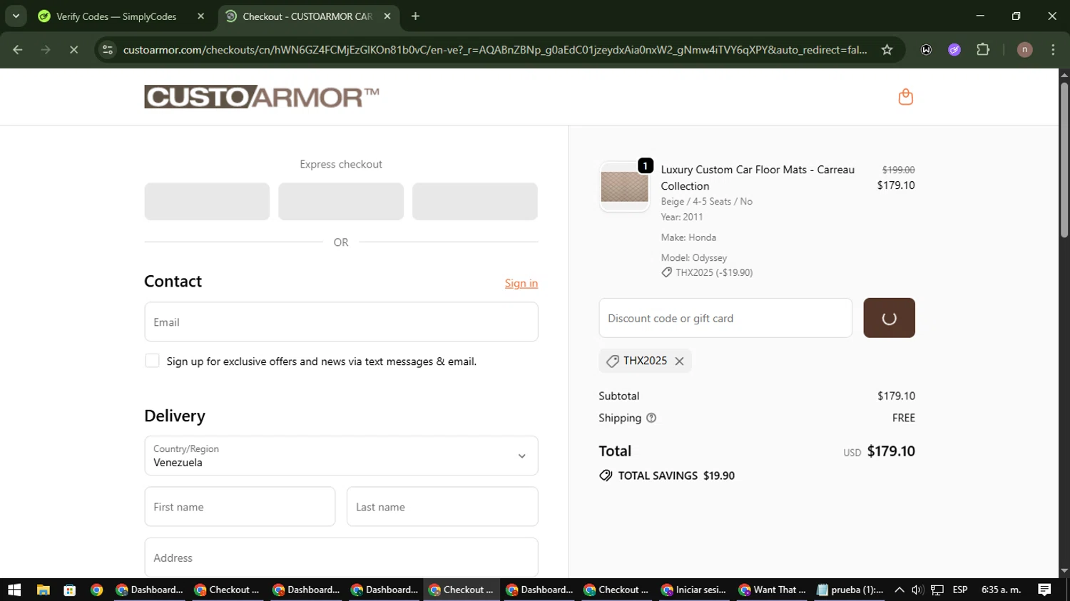 CustoArmor promo code screenshot showing code THX2025 applied at CustoArmor checkout page. Uploaded by SimplyCodes community member SmartWarden8713 on Dec 10, 2025