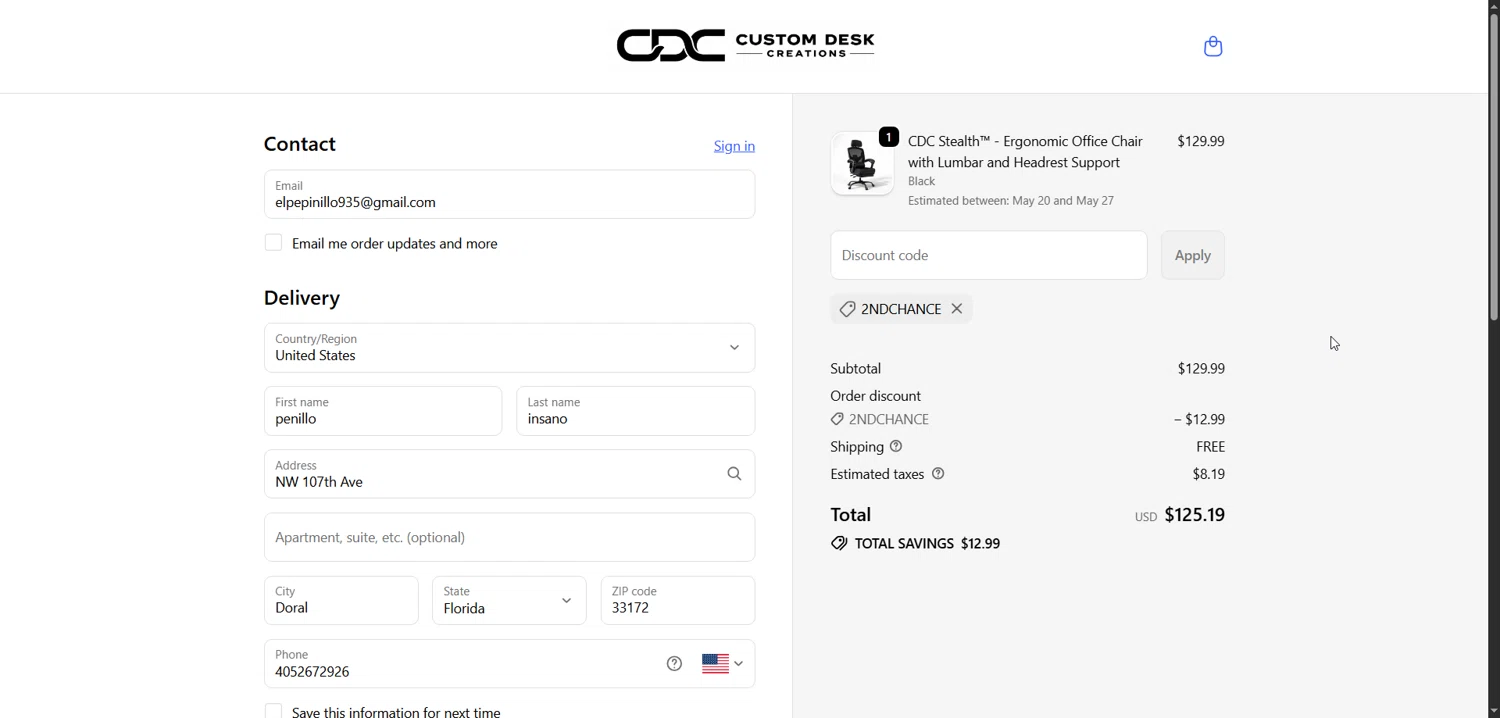 Custom Desk Creations promo code screenshot showing code 2NDCHANCE applied at Custom Desk Creations checkout page. Uploaded by SimplyCodes community member Enmanuel99 on May 18, 2026