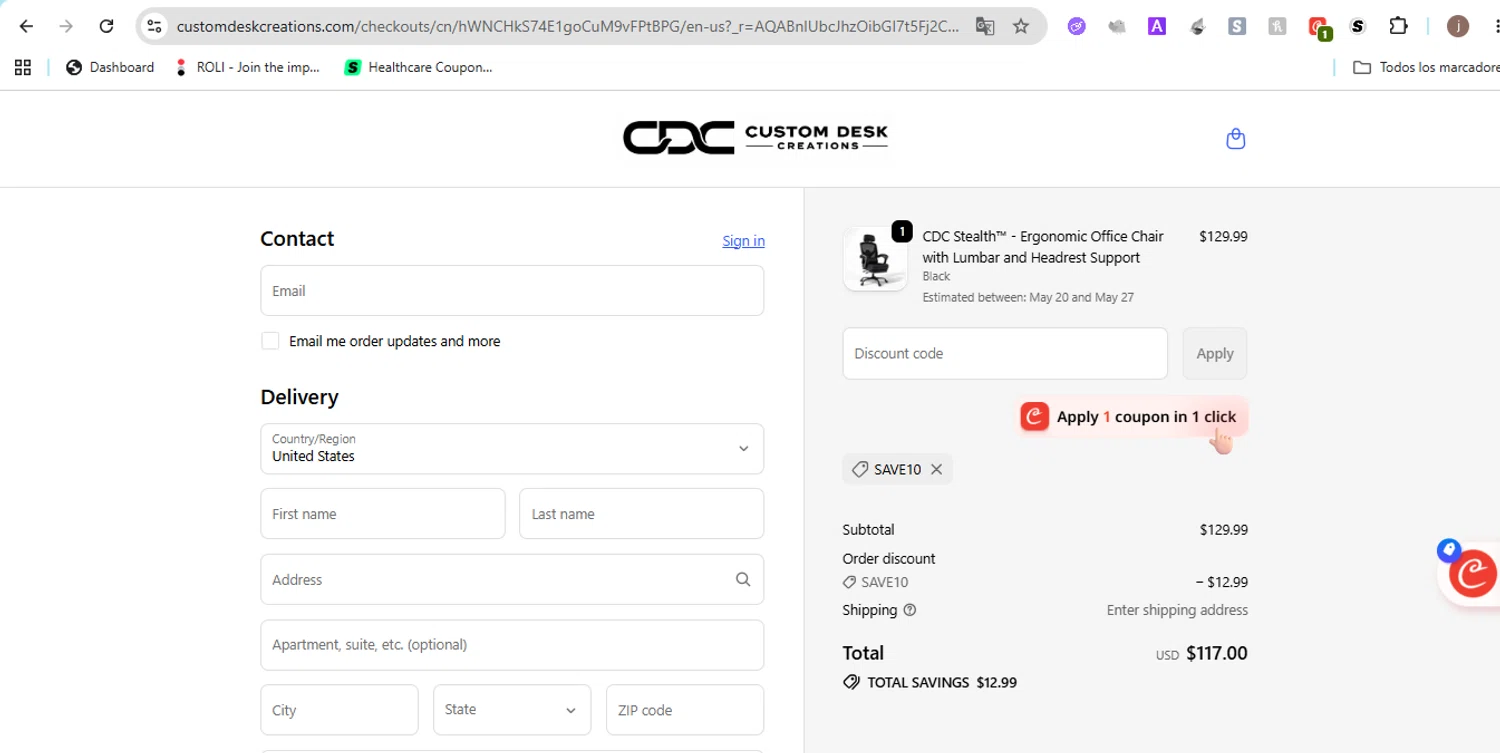 Custom Desk Creations promo code screenshot showing code SAVE10 applied at Custom Desk Creations checkout page. Uploaded by SimplyCodes community member Jose29 on May 18, 2026