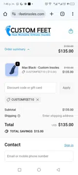 CUSTOMFEET10 coupon verification screenshot