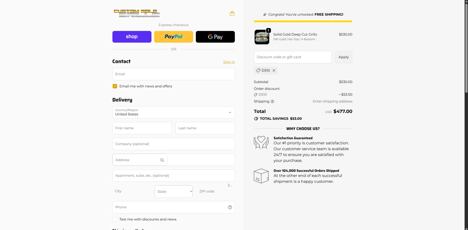 Custom Gold Grillz checkout page showing Custom Gold Grillz discount code box | Screenshot taken by SimplyCodes community member on Feb 10, 2026