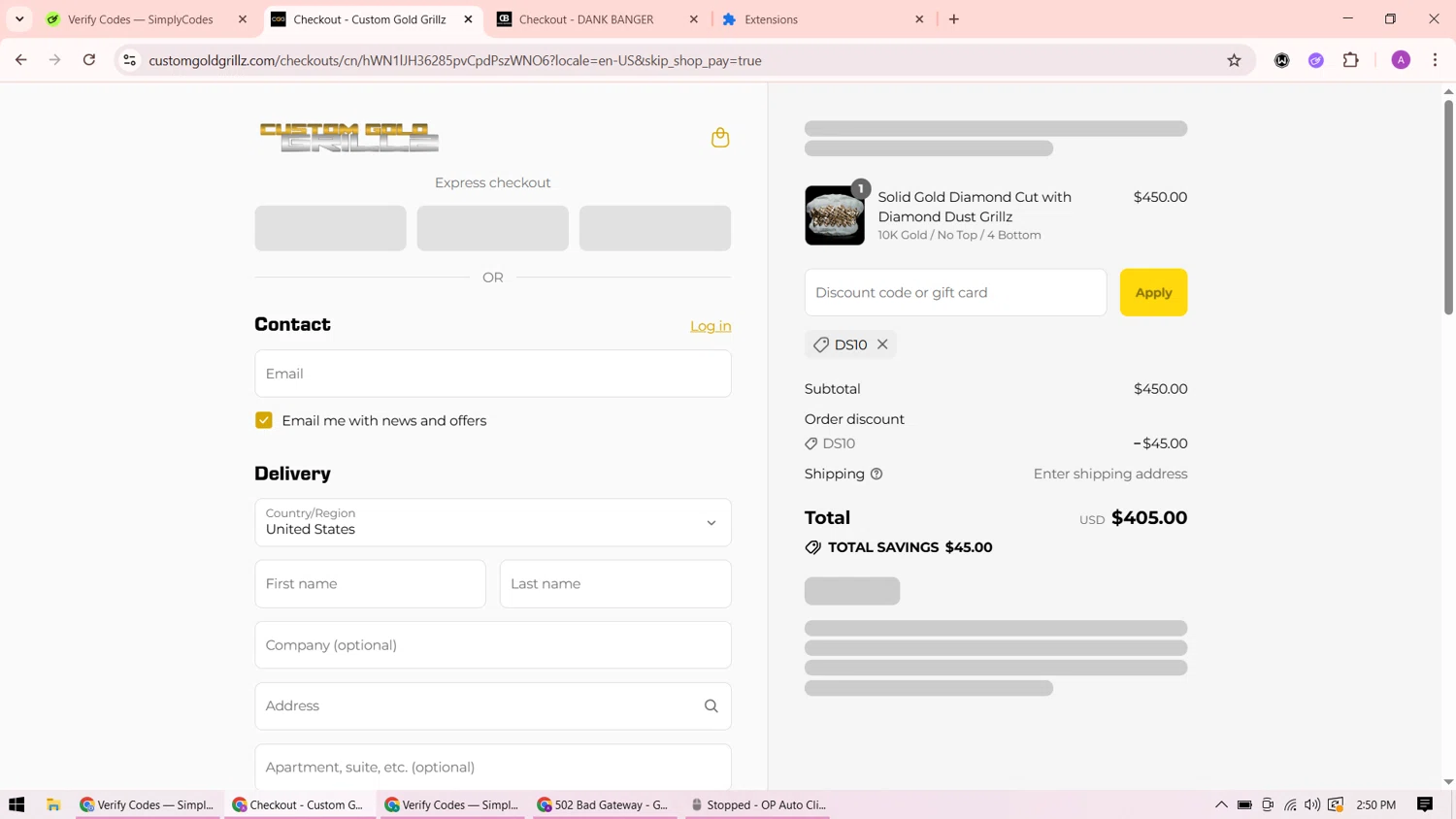 Custom Gold Grillz discount code screenshot showing code DS10 applied at Custom Gold Grillz checkout page. Uploaded by SimplyCodes community member ShrewdMaverick9198 on Aug 13, 2025