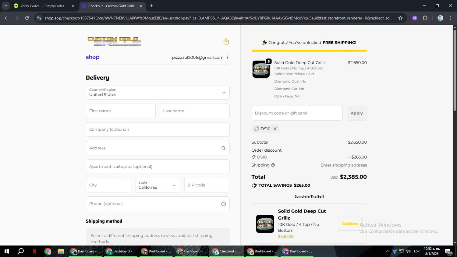Custom Gold Grillz discount code screenshot showing code DS10 applied at Custom Gold Grillz checkout page. Uploaded by SimplyCodes community member ShrewdSeeker6165 on Jan 8, 2026