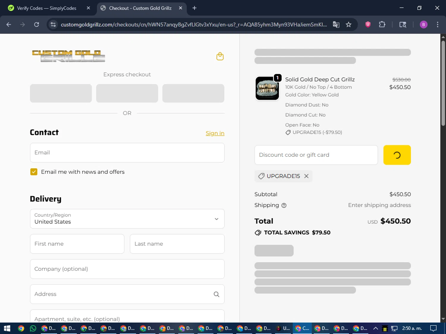 Custom Gold Grillz discount code screenshot showing code UPGRADE15 applied at Custom Gold Grillz checkout page. Uploaded by SimplyCodes community member travisscott on Nov 10, 2025