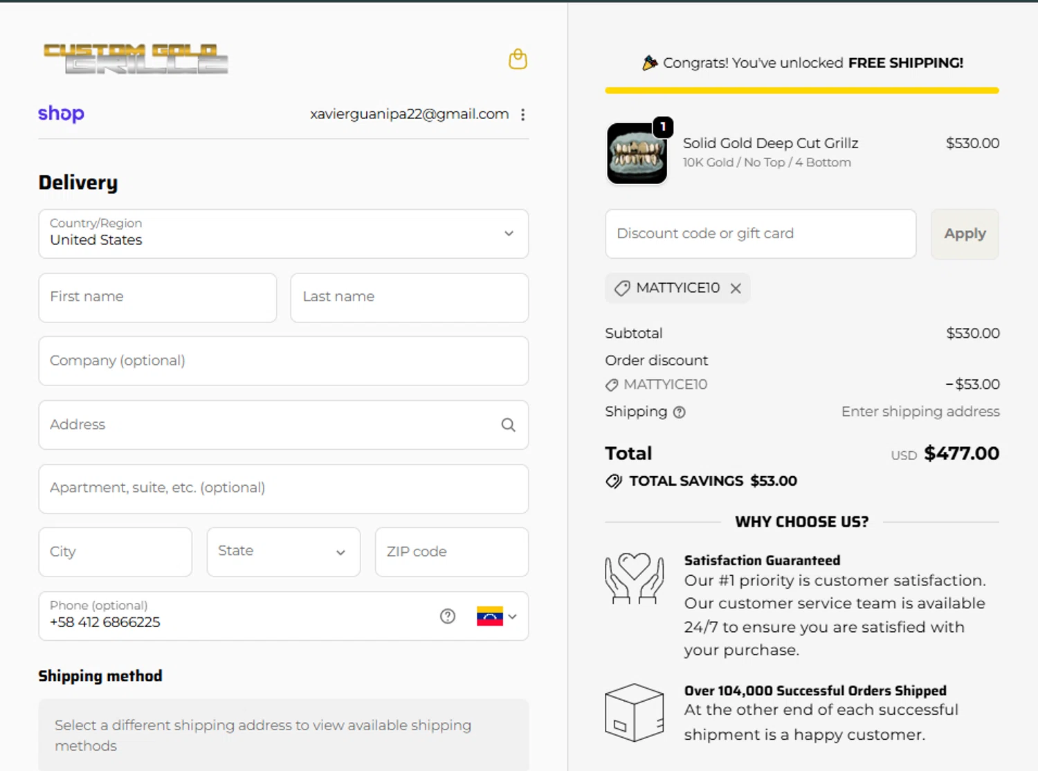 Custom Gold Grillz discount code screenshot showing code MATTYICE10 applied at Custom Gold Grillz checkout page. Uploaded by SimplyCodes community member alfock22 on Dec 29, 2025