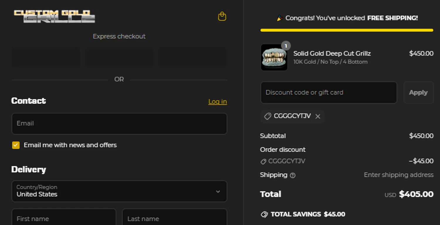 Custom Gold Grillz discount code screenshot showing code CGGGCYTJV applied at Custom Gold Grillz checkout page. Uploaded by SimplyCodes community member idkxxx on Jul 1, 2025