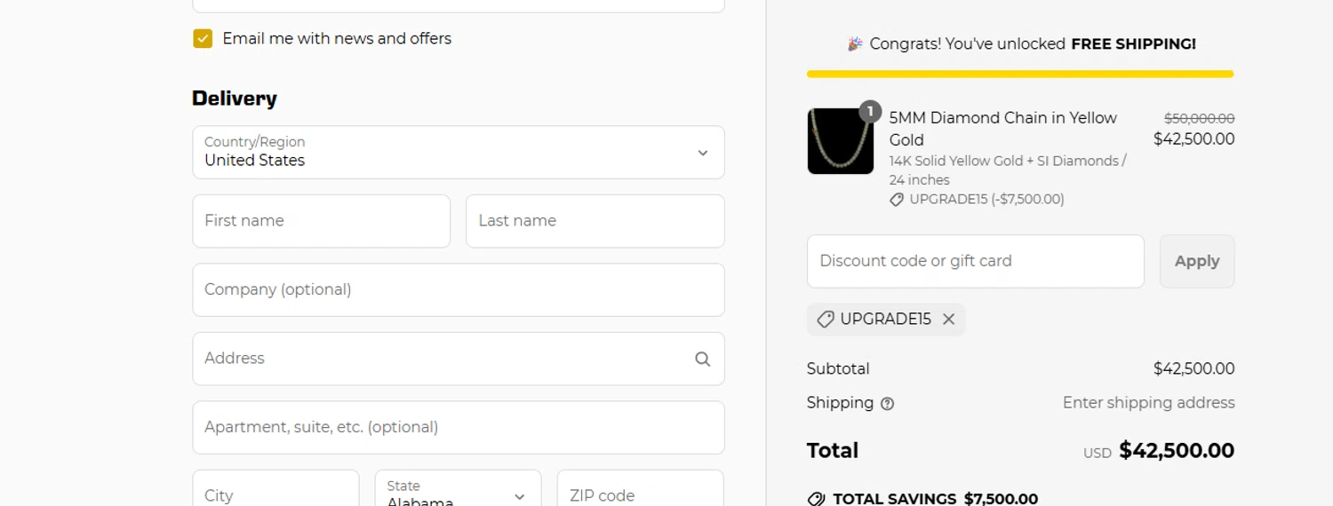 Custom Gold Grillz discount code screenshot showing code UPGRADE15 applied at Custom Gold Grillz checkout page. Uploaded by SimplyCodes community member ashe1986 on Jul 1, 2025