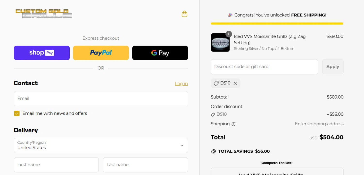 Custom Gold Grillz discount code screenshot showing code DS10 applied at Custom Gold Grillz checkout page. Uploaded by SimplyCodes community member aumentadax10 on May 23, 2025