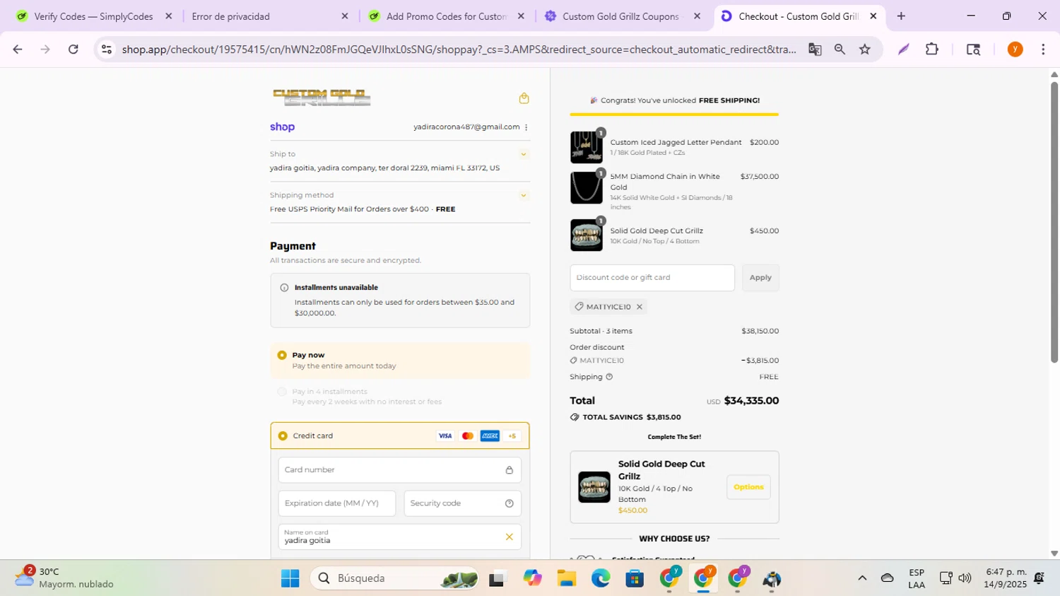 Custom Gold Grillz discount code screenshot showing code MATTYICE10 applied at Custom Gold Grillz checkout page. Uploaded by SimplyCodes community member ycg487 on Sep 14, 2025