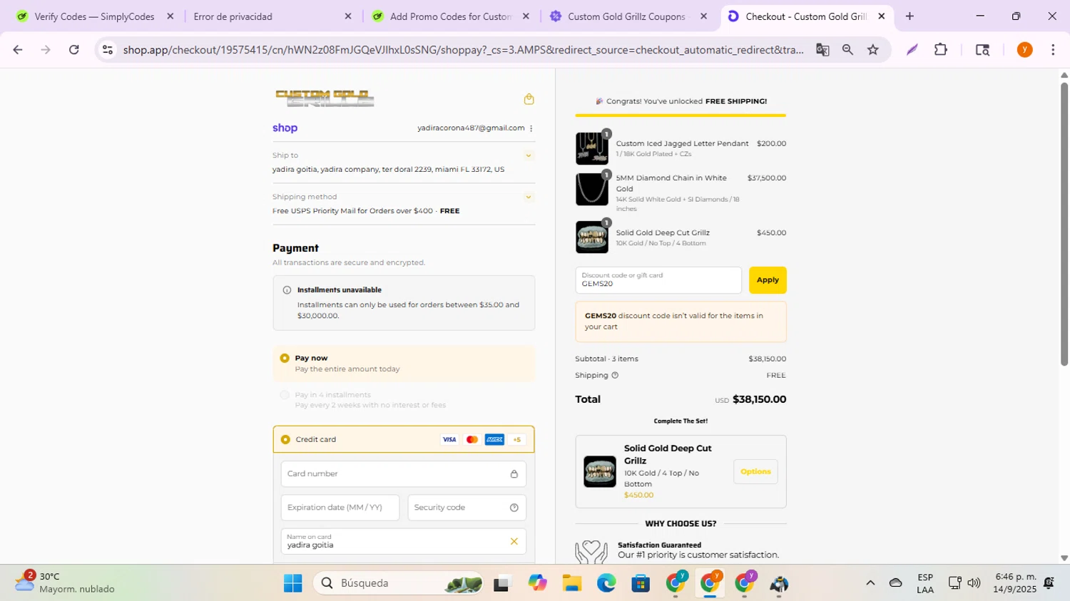 Custom Gold Grillz discount code screenshot showing code GEMS20 applied at Custom Gold Grillz checkout page. Uploaded by SimplyCodes community member ycg487 on Sep 14, 2025