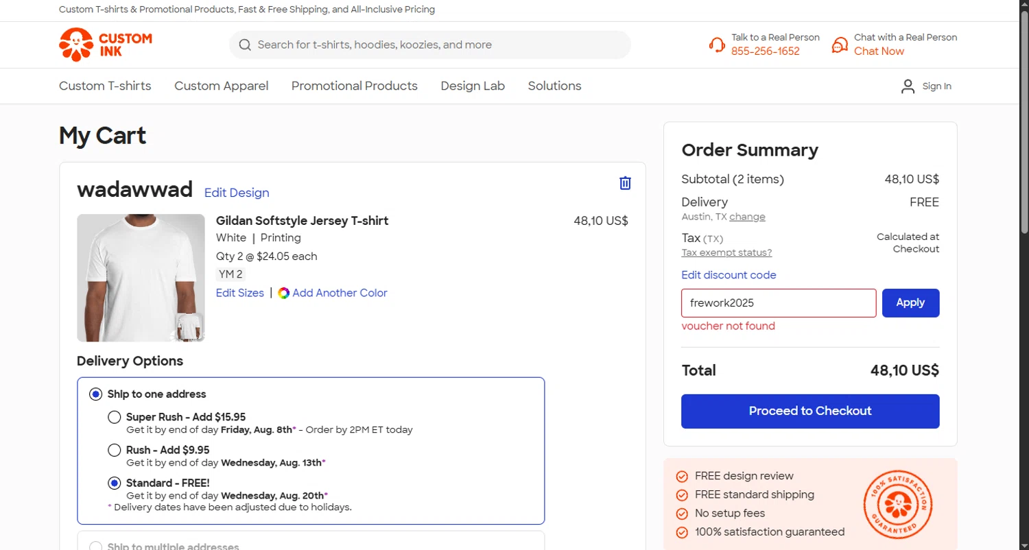 Custom Ink promo code screenshot showing code frework2025 applied at Custom Ink checkout page. Uploaded by SimplyCodes community member CouponHero3179 on Aug 3, 2025
