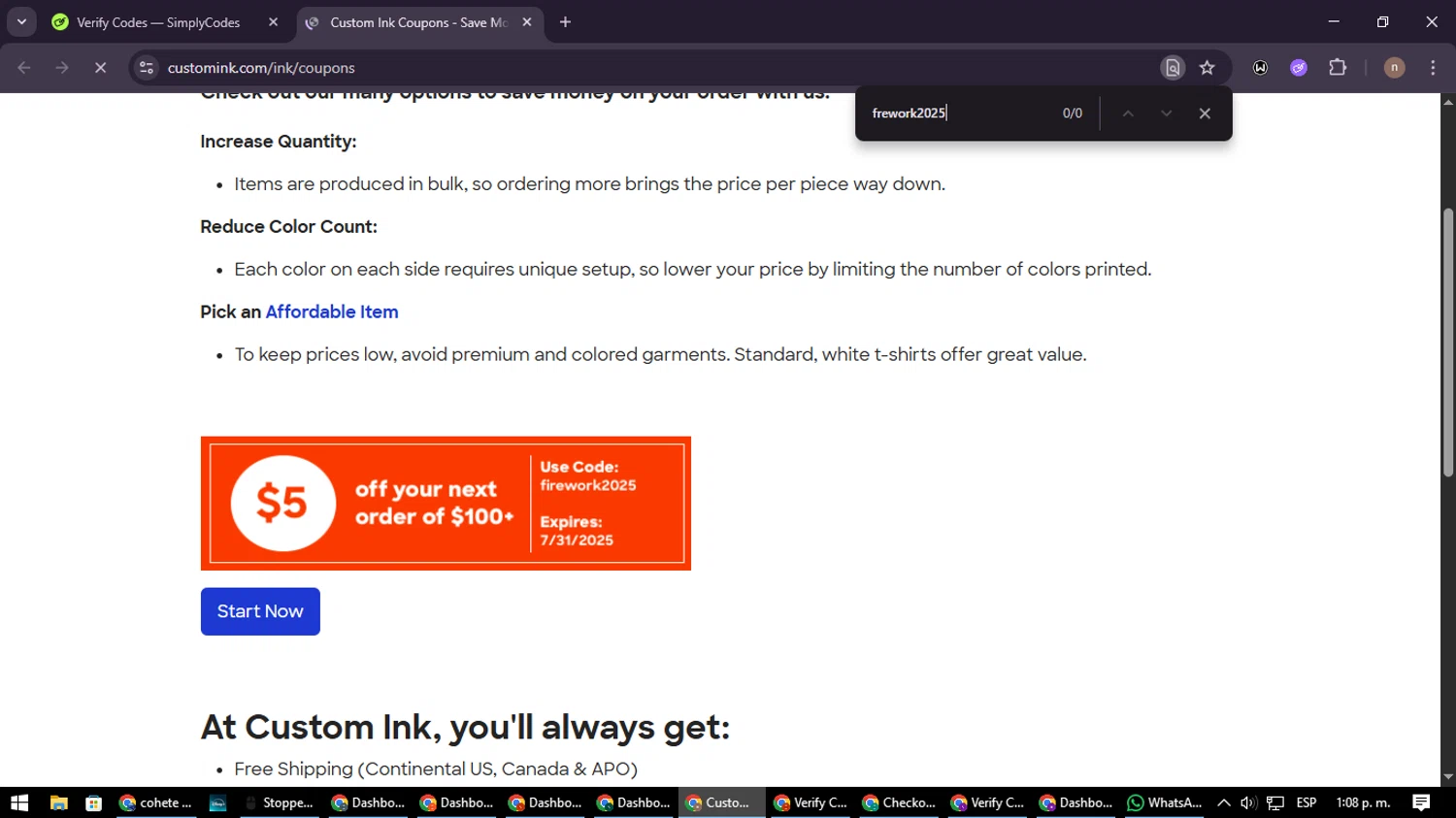 Custom Ink promo code screenshot showing code frework2025 applied at Custom Ink checkout page. Uploaded by SimplyCodes community member SmartWarden8713 on Aug 3, 2025